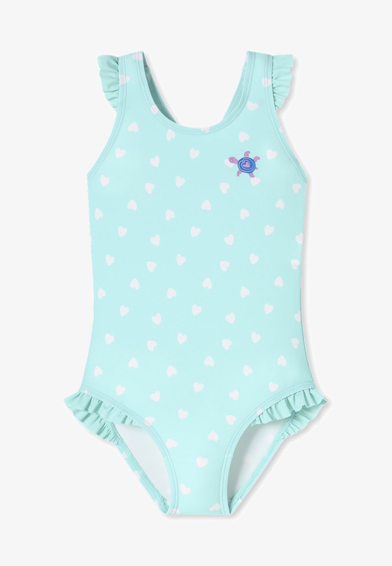 Een mintgroene badpak met witte hartpatronen, geschulpte schouderbanden en een kleurrijke schildpadgrafiek op de borst.