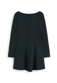 Dunkelgrünes Langarmkleid mit Bootsausschnitt, ausgestelltem Rock und Nahtdetails. Der Stoff wirkt glatt, mit einem verdeckten Reißverschluss auf der Rückseite.
