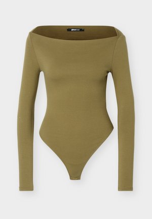 Body moulant vert olive à manches longues avec un large décolleté carré et un bas style string.