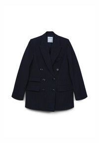 Blazer doppiopetto blu navy con motivo a righe, revers a punta, due tasche laterali e chiusura a quattro bottoni. Tessuto texturizzato.
