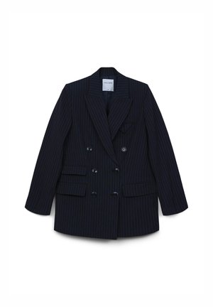 Blazer double boutonné bleu marine avec motif à rayures, revers en pointe, deux poches latérales et fermeture à quatre boutons. Tissu texturé.