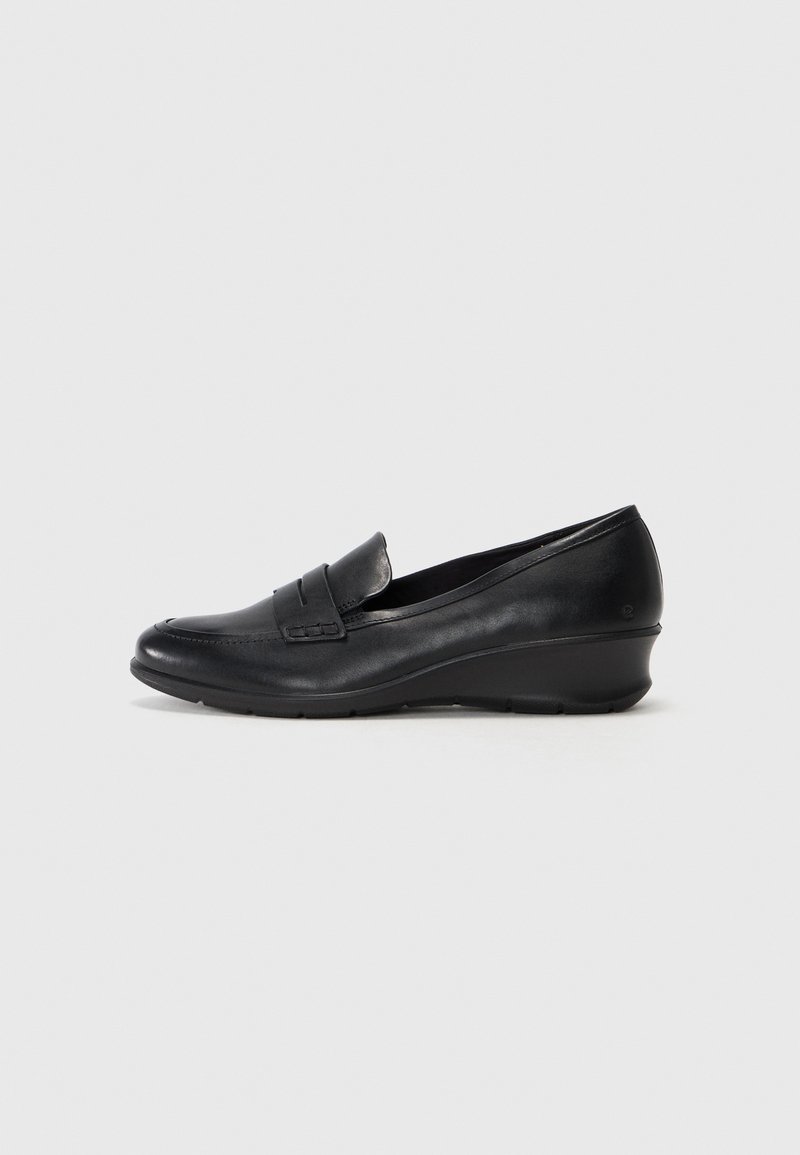 Black leather wedge loafers with a rounded toe and decorative stitched accents on the vamp. Smooth texture, low wedge sole design.