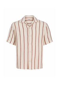 Chemise beige à manches courtes avec des rayures verticales marron, patte de boutonnage à l’avant et col décontracté.