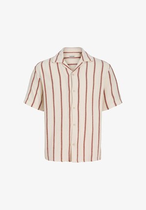 Chemise beige à manches courtes avec des rayures verticales marron, patte de boutonnage à l’avant et col décontracté.