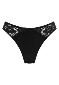 Schwarzer Tanga mit einem Spitzenbund mit floralen Mustern. Glattes Material, elastische Kanten und ein minimalistisches Design für Komfort.