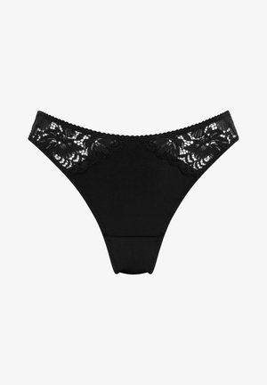 Schwarzer Tanga mit einem Spitzenbund mit floralen Mustern. Glattes Material, elastische Kanten und ein minimalistisches Design für Komfort.