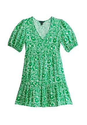 Grünes kurzes Kleid mit weißem Blumenmuster, V-Ausschnitt, Puffärmeln, geraffter Taille und gerafftem Saum.