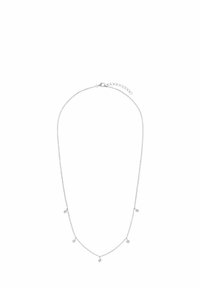 Collana in metallo argento con catena caratterizzata da quattro piccole perle rotonde distribuite uniformemente lungo la catena. Include un moschettone e una catena di estensione.