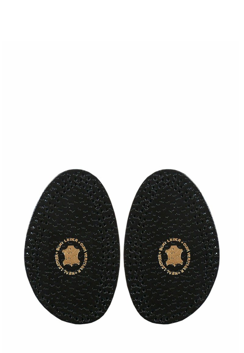 Black leather insoles with perforated texture and rounded shape; features a circular gold logo at the center.