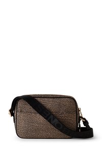 Crossbody bag with a textured brown and black patterned exterior, featuring a black adjustable strap and gold-tone hardware. Rectangular shape.