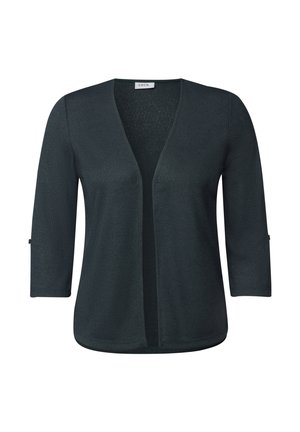 Cardigan léger de couleur vert foncé avec des manches trois-quarts, devant ouvert et texture subtile. Il présente un ourlet arrondi et des détails minimalistes.