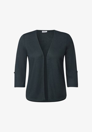 Dunkelgrüner, leichter Cardigan mit 3/4-Ärmeln, offener Vorderseite und subtiler Textur. Verfügt über einen abgerundeten Saum und minimales Design.