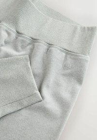 Gray sweatpants with ribbed waistband and cuffs. Made of soft fabric, featuring a subtle logo detail. Smooth texture throughout.