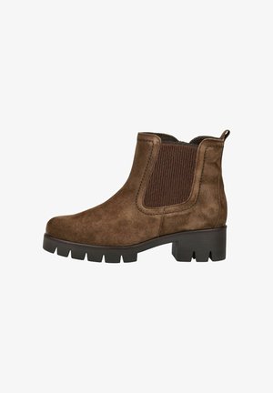 Brown suede ankle boot with elastic side panel, rounded toe, and chunky heel. Textured accents on the panel add visual interest.