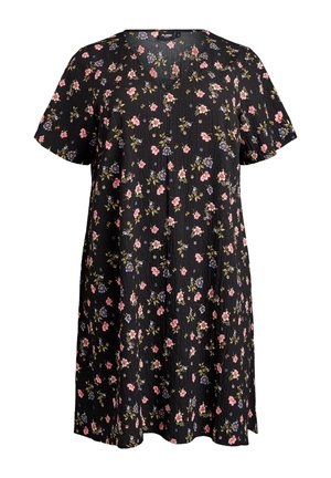 Schwarzes Blumenkleid mit kurzen Ärmeln, verziert mit pinken und blauen Blumen auf strukturiertem Stoff. Knielang mit V-Ausschnitt und lockerem Schnitt.