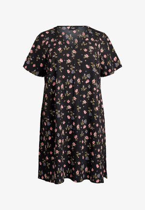 Black floral dress with short sleeves, featuring pink and blue flowers on textured fabric. Knee-length with a v-neckline and relaxed fit.