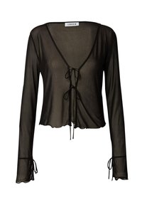 Schwarzes, transparentes Langarm-Oberteil mit V-Ausschnitt, vorderer Bindeschließe und gewelltem Saum, das zarte Bindedetails an den Ärmelenden aufweist.