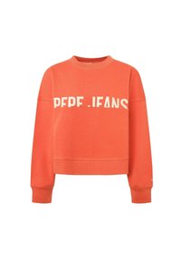 Korálový svetr s kulatým výstřihem, s bílým nápisem "PEPE.JEANS" přes přední stranu. Vyroben z měkké látky s dlouhými rukávy a žebrovanými manžetami.