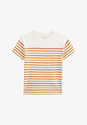 T-shirt à manches courtes en coton avec des rayures horizontales orange, jaune et marron sur fond blanc. Design col ras du cou.