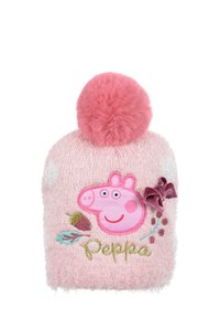 Gorro de punto rosa con una textura suave, con un diseño de Peppa Pig, nombre bordado y un pom-pom rosa desmontable.