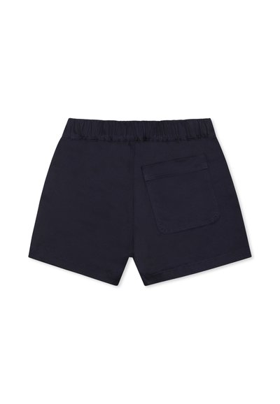 Pantaloni corti blu navy realizzati in un tessuto testurizzato, caratterizzati da una vita elastica e una singola tasca sul retro. Design semplice e funzionale.