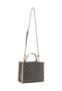 Gestructureerde handtas met donkergroen patroonstof, beige lederen accenten en dubbele bovenhandvatten. Inclusief afneembare schouderriem.