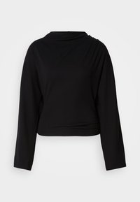 Top negro recortado con mangas largas, hecho de un material suave y elástico. Presenta un escote drapeado y detalles laterales.