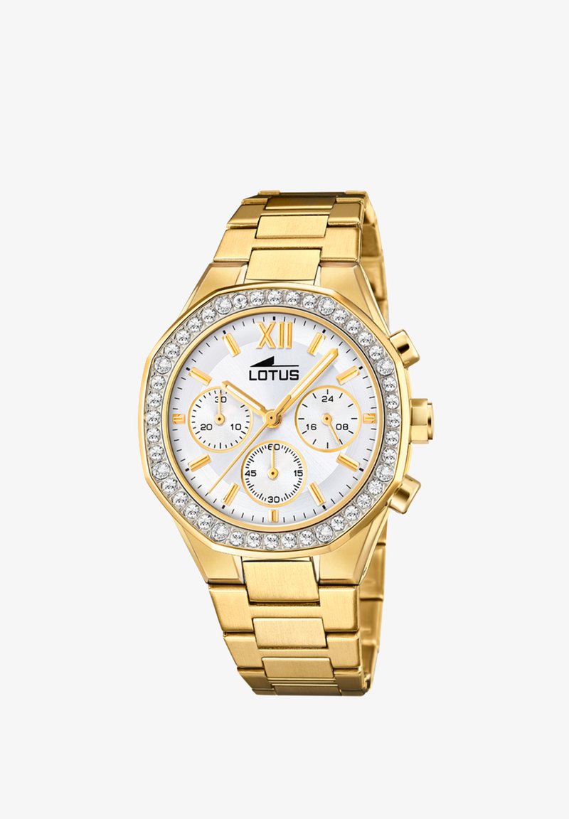 Guldfärgad rostfri klocka med en oktagonal klockkropp, vit urtavla, tre subdials, guld timmarkörer och en kristallprydd bezel.