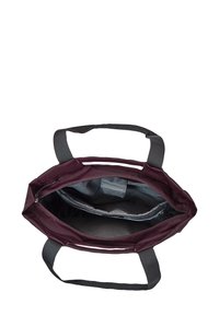 Maroon tote bag with grey interior, featuring two handles, a zippered closure, and multiple compartments for organization.