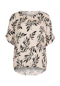Beige kortærmet top med sort bladmønster. Har en rund halsudskæring og rund kant, lavet af et let og glat stof.