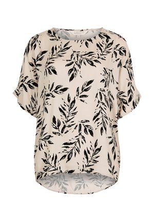 Top beige a maniche corte con stampa di foglie nere. Presenta un collo rotondo e un fondo arrotondato, realizzato in un tessuto leggero e liscio.
