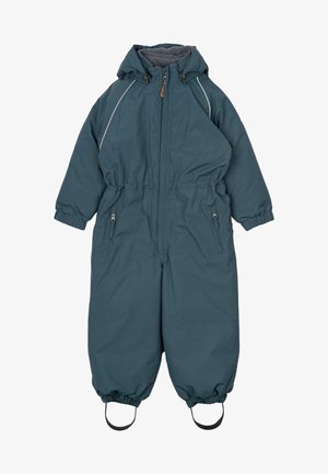 Tuta da neve imbottita color teal con zip completa, polsini elastici, tasche laterali e cappuccio rimovibile. Presenta dettagli riflettenti sulle spalle.