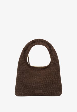 Brown woven handbag made of textured suede. Features a large opening with a zipper and a rounded handle for carrying.