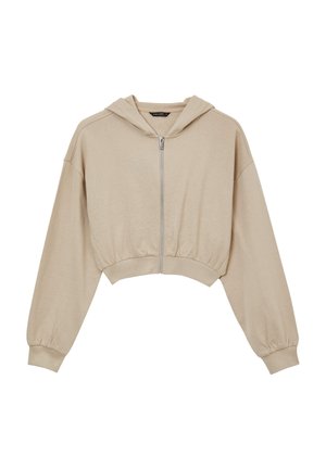 Beige, verkürzter Hoodie aus weichem Material, mit einem Reißverschluss vorne, langen Ärmeln mit elastischen Bündchen und einer Kapuze mit Kordelzug.