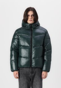 Chaqueta de plumas brillante en verde oscuro con capucha, con secciones acolchadas, cierre frontal de cremallera y puños elásticos. Lleva puesta sobre pantalones grises.