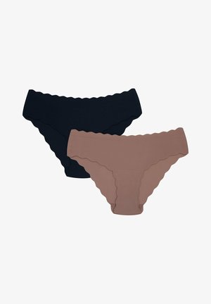 Two pairs of women's panties in dark navy and light brown, made from smooth fabric with scalloped edges and a seamless design.