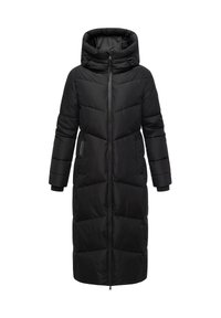 Manteau d'hiver long noir rembourré avec col haut, capuche, fermeture éclair frontale complète et poches latérales avec fermeture éclair.