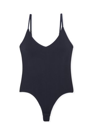Granatowy jednoczęściowy strój kąpielowy z cienkimi regulowanymi ramiączkami, dekoltem w kształcie litery V, prążkowaną fakturą oraz wysokim wycięciem na nogi.