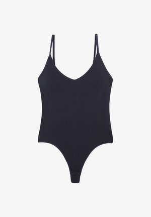Granatowy jednoczęściowy strój kąpielowy z cienkimi regulowanymi ramiączkami, dekoltem w kształcie litery V, prążkowaną fakturą oraz wysokim wycięciem na nogi.