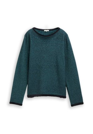 Pull teal avec un motif tricoté texturé. Présente des manches longues, un col rond, et une bordure noire le long du col et de l'ourlet.