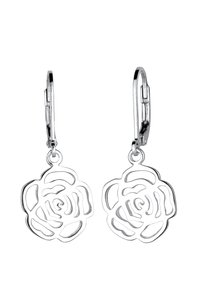 Boucles d'oreilles en tonalité argentée présentant un design de rose ajouré, mettant en valeur des lignes fluides et une structure légère avec fermeture à crochet.