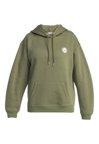 Sudadera de color verde olivo con un bolsillo frontal, capucha con cordón y un gráfico de sol blanco en el pecho. Fabricada con un tejido suave y texturizado.