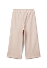 Světle růžové kalhoty s širokými nohavicemi vyrobené z měkké bavlněné látky. Mají elastický pas a olemované okraje s jednoduchým designem.