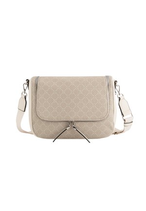 Beige crossbody bag with a textured pattern, zip closure, and silver hardware. Features a flat front and adjustable strap.