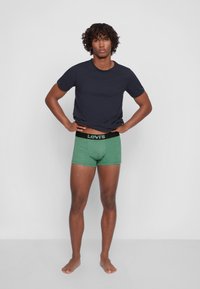 Grüne Boxer-Shorts mit einem schwarzen Levi's-Logo-Bund, getragen unter einem taillierten navyblauen T-Shirt. Schlichtes Design, Material aus Baumwollmischung, glatte Textur.