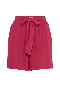 Shorts rouges taille haute en tissu léger, avec une ceinture nouée à la taille et des jambes larges pour un ajustement décontracté.