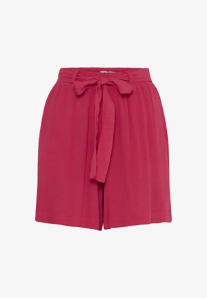 Rde hlače s visokim pasom, izdelane iz lahkega materiala, z vezanim pasom in širokimi nogavicami za sproščen kroj.