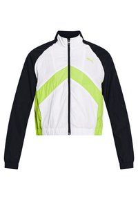 Avskuren jacka i vitt, svart och neongrönt. Har en hög krage, framdragkedja och ett chevronmönster på kroppen med elastiska ärmslut.