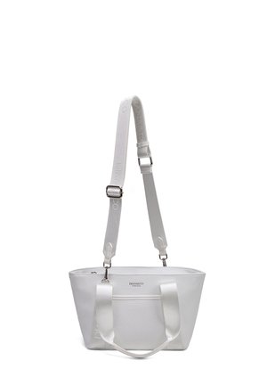 Sac à main en cuir blanc texturé avec deux poignées courtes et une longue bandoulière réglable, marqué "DIANA&CO FIRENZE" à l'avant.
