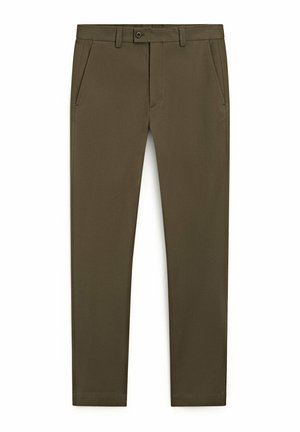 Pantaloni dritti verde oliva realizzati in un tessuto liscio; presentano tasche frontali e una chiusura con bottone singolo in vita.